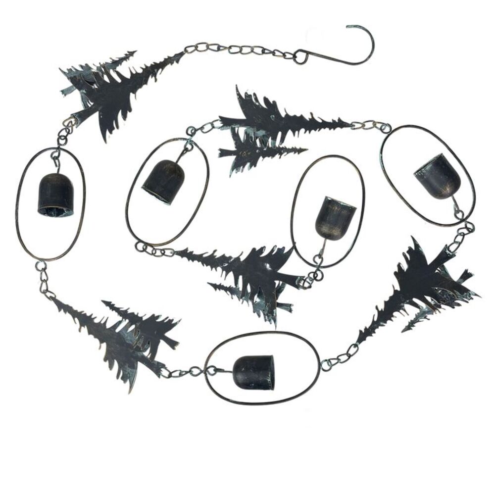70" Metal Rain Chain - Forest Trees & Zen Bells, Aged Verdigris, 3.25" Diameter